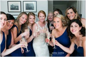 Fun Wedding in Watch Hill, RI - Bride, Bridesmaids, and Champagne 